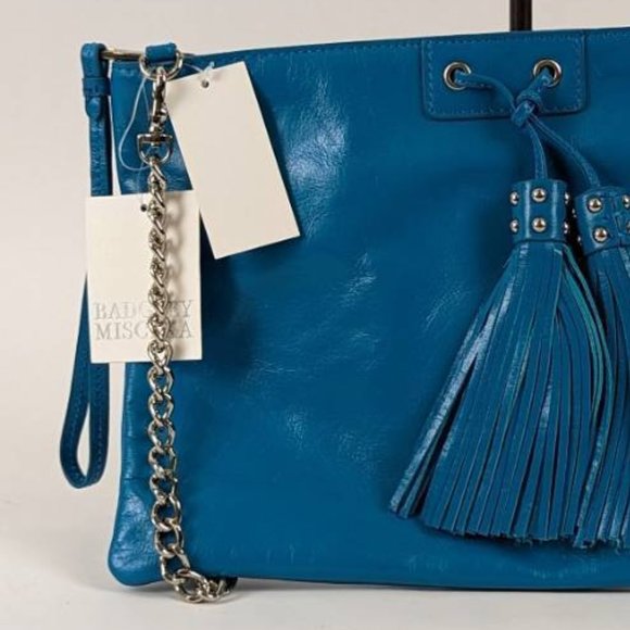 462. NWT Badgley Mischka Teal Tassel Shoulder Bag with Wristlet - Picture 6 of 8